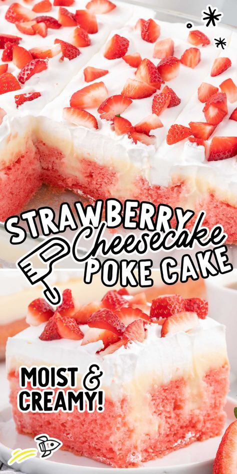 This strawberry cheesecake poke cake features a moist strawberry cake filled with creamy cheesecake pudding for a delightful treat. Cake With Jello In It, Poker Food, Strawberry Cheesecake Poke Cake, Cheesecake Poke Cake, Moist Strawberry Cake, Strawberry Oreo Cheesecake, Cake Poke, Strawberry Poke Cake, Birthday Desert