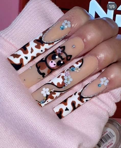 Pink Cow Print Nails Acrylic Long, 21st Birthday Nails, Country Acrylic Nails, Rodeo Nails, Nail Inspired, Cow Print Nails, Cowboy Nails, Disney Acrylic Nails, Country Nails