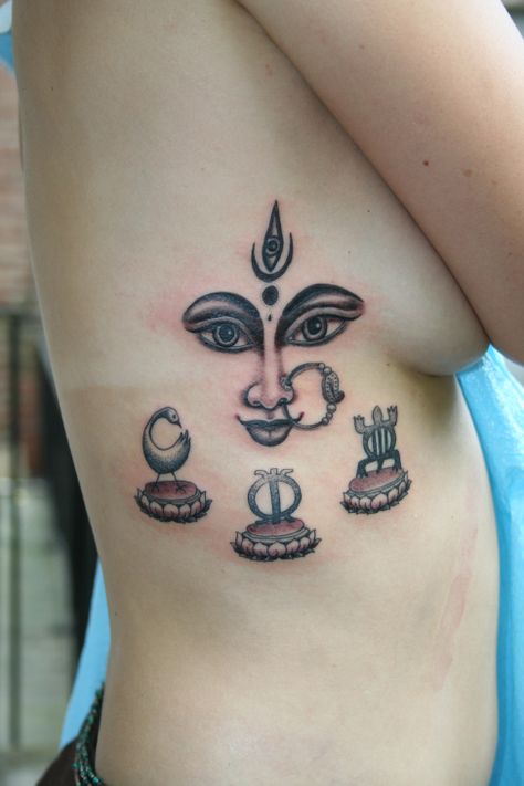 Durga with african spiritual symbols. Tattoo inked by Yoni Zilber. Durga Tattoo Symbols, Spiritual Symbols Tattoo, Mudra Tattoo, Durga Tattoo, Ankle Band Tattoo, Tattoo Elements, Band Tattoos For Men, Science Magic, Symbols Tattoo