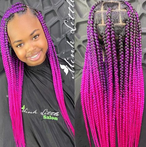 Ombre Braids For Kids, Pink Braids For Kids, Purple And Pink Braids, Purple Box Braids, Kids Box Braids, Purple Braids, Long Straight Wig, Ombre Braid, Yellow Ombre