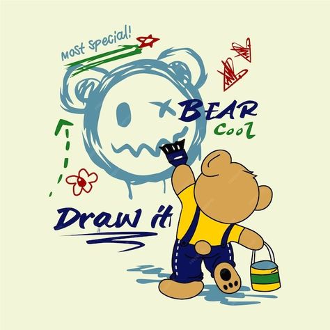 Premium Vector | Bear is painting design cartoon vector illustration Kids Prints Design, Bear Cartoon Drawing, Graffiti Clothing, Tshirt Graphics, Ladies T Shirt Design, Bear Painting, T Shirt Logo Design, Boys Prints, T Shirt Design Template