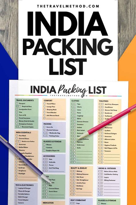 The Ultimate India Packing List (with Tips) You Can Download Today - The Travel Method Travel To India Packing Lists, India Packing List Woman, Traveling To India Tips, Packing For India Trip, Hostel Essentials Packing Lists Indian, India Packing List, India Vacation, Packing List Men, Packing Essentials List