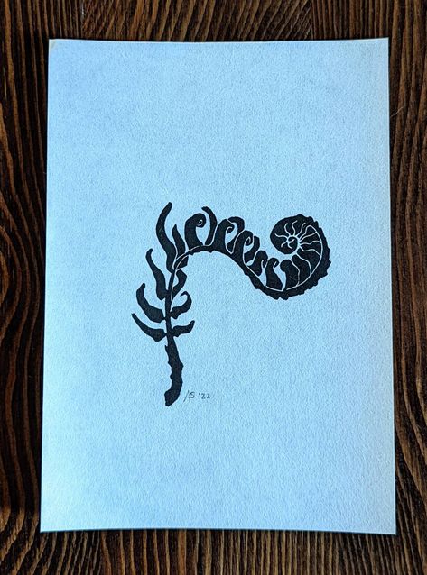 "Unfurling fern, inspired by Spring growth in the Pacific Northwest. 5\" x 7\" Block Print Hand printed from a hand carved stamp. Black ink on white or textured natural paper, or copper ink on black paper. Ready for framing." Fern Block Print, Unfurling Fern, Print Carving, Linocut Inspiration, Ecology Art, Pnw Art, Fern Art, Woodcut Prints, Fern Design