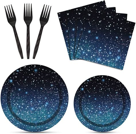 Amazon.com: 96 Pcs Space Party Starry Night Supplies Tableware Set Galaxy Outer Space Theme Birthday Star Party Table Decorations Solar System Paper Plates Napkins Forks for 24 Guests : Everything Else Kids Party Plates, Eclipse Party, Space Party Decorations, Outer Space Theme, Space Birthday Party, Summer Party Decorations, Party Table Settings, Birthday Star, Party Table Cloth