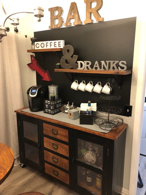 Diy Coffee And Liquor Bar, Black And Mahogany Kitchen, Liquor And Coffee Bar Ideas, Am Pm Bar Ideas, Coffee Bar And Liquor Bar, Black Coffee Bar Ideas, Am Pm Bar, Coffee And Bar Station, Coffee And Liquor Bar Ideas