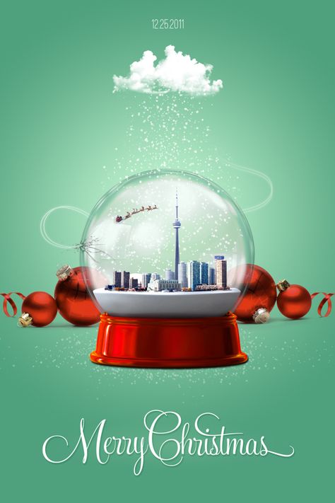 a beautiful card & poster designed by  Benjamin Gehlen "Toronto Snow Globe", done for Susan Toyne, Real Estate agent at Royal LePage, Johnston & Daniel. Snow Globe Graphic Design, Toronto Snow, Christmas Creatives, Card Poster Design, Banner Sample, Inmobiliaria Ideas, Christmas Advertising, Christmas Ecards, Car Advertising Design