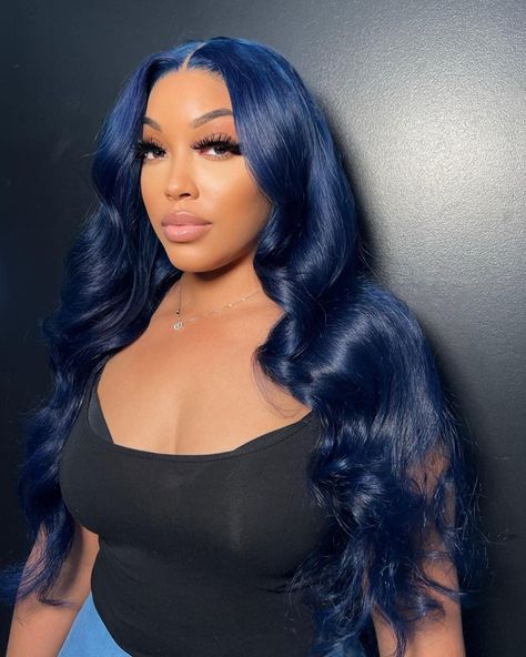 Navy Blue Hair Outfits, Navy Blue Hair Black Women, Dark Blue Wigs For Black Women, 19th Photoshoot, Dark Blue Wig, Blue Hairstyles, Midnight Blue Hair, Blue Lace Front Wig, Blue Wigs