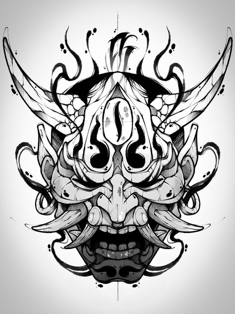 Japanese Oni Mask Drawing, Oni Mask Sketch, Oni Mask Design, Lines Sketching, Tattoo Lines, Oni Maske, Hamsa Hand Tattoo, Oni Mask Tattoo, Oni Tattoo