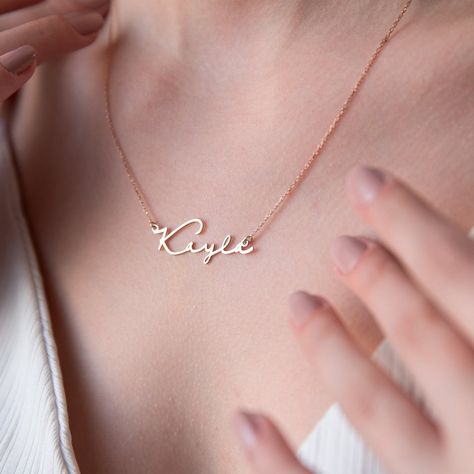 name necklace jewelry custom personalized women style fashion Small Name Necklace, Special Font, Handwriting Necklace Custom, Sideways Initial Necklace, Dainty Initial Necklace, Baby Necklace, Cary Nc, Hand Necklace, Necklace Extender