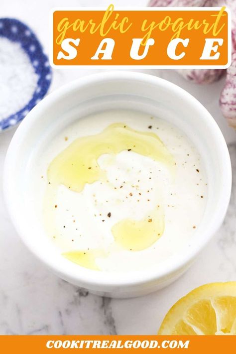 This 6 ingredient Garlic Yogurt Sauce is so quick and easy to prepare. Use it as a sauce for your favourite meats, slather it inside a kebab or gyros, or serve it as a dip with some pita bread. Sauce For Grilled Chicken, Garlic Yogurt Sauce, Southern Sides, Breakfast Easy Recipes, Yogurt Dipping Sauce, Lunch Quick, Garlic Yogurt, Mornay Sauce, Dressing Salad