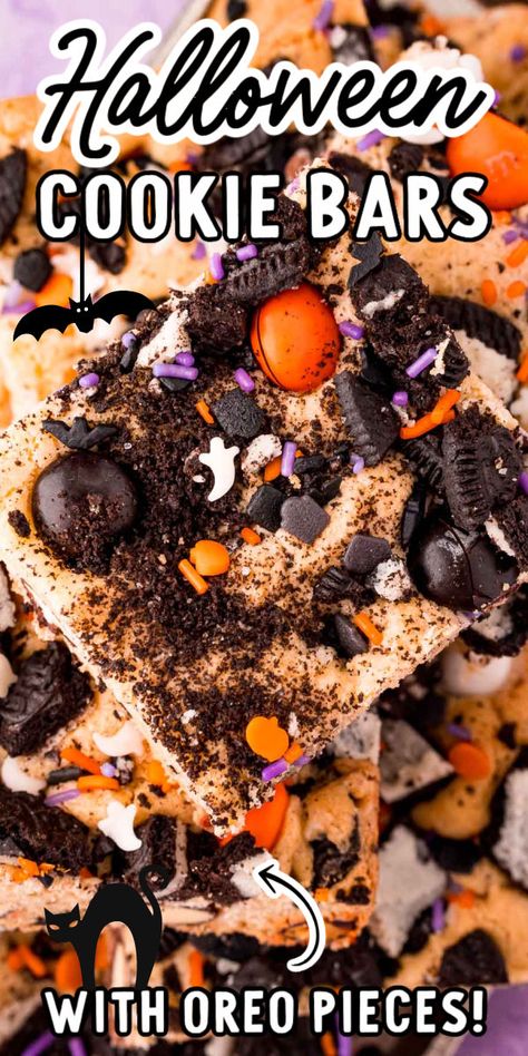 Halloween Oreo Cake Bars, Halloween Blondie Bars, Halloween Oreo Recipes, Brownie Halloween Treats, Oreo Halloween Cookies, Halloween Cookie Board, Halloween Bars Dessert, Halloween Desserts Easy Cookies, Halloween No Bake Cookies