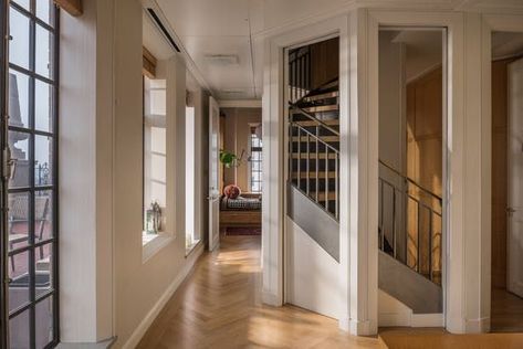 W72nd Penthouse | MUTUUS STUDIO; Photo: Gabe Border | Archinect Penthouse Apartment New York, Small Media Rooms, Historic Apartment, Apartment New York, Oliver Cromwell, Small Kitchenette, New York Penthouse, Stairway Design, Herringbone Floor