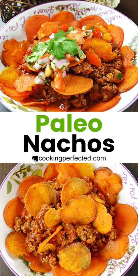 These tasty paleo friendly nachos use sweet potato chips instead of corn chips. Paleo Cheesy Potatoes, Sweet Potato Fries Nachos, Healthy Potato Nachos, Paleo Potato Chips, Paleo Nachos, Easy Tomato Salsa, Sweet Potato Crisps, Sweet Potato Chips, Paleo Beef