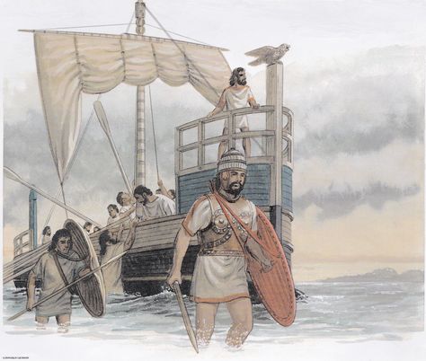 AENEAS Lands in Italy, at the river Tiber. "Be with me, Muse of all Desire, Erato, while I call up the kings, the early times, how matters stood in the old land of Latium that day the foreign soldiers beached upon Ausonia's shore, and the events that led to the first fight." - Virgil's Aeneid, Book VII (Peter Connolly/Fitzgerald/user: Aethon) Bronze Age Collapse, Sea Peoples, Historical Illustration, Ancient Warfare, Greek History, Ancient Mythology, Roman History, Mesopotamia, Bronze Age