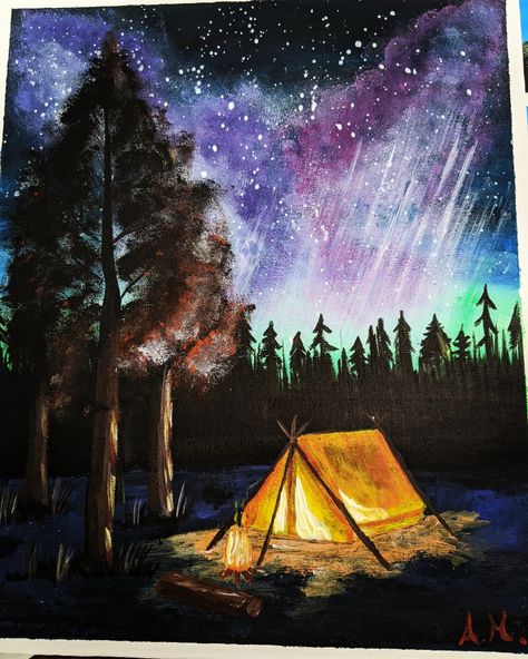 Camping Painting Ideas On Canvas, Camping Painting Canvases, Campfire Painting Acrylic, Camping Painting Easy, Campsite Painting, Fantasy Painting Easy, Camping Paintings, Cool Acrylic Paintings, Nightscape Painting