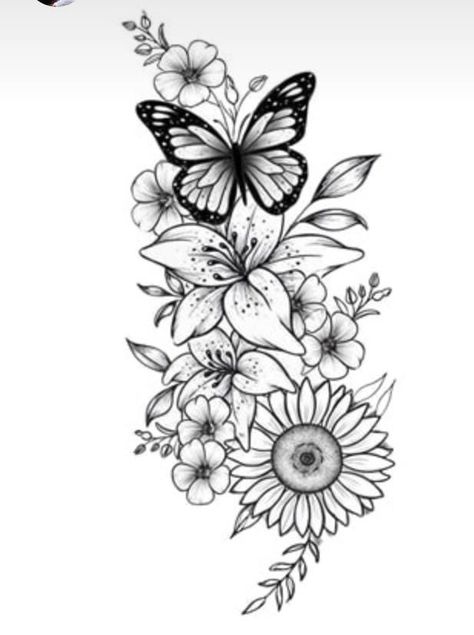 Lilly Half Sleeve Tattoo, Sunflower Lily Tattoo Design, Tiger Lily Butterfly Tattoo, Pretty Daisy Tattoo, Sunflowers And Lilies Tattoo, Sunflower And Lily Tattoo Half Sleeves, Stargazer Lily And Butterfly Tattoo, Lily And Sunflower Tattoo Design, Lilly And Sunflower Tattoo