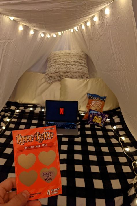 https://www.thescavengerbox.com/blogs/toolbox/unique-ways-of-creating-a-romantic-scavenger-hunt Romantic Blanket Fort, Movie Blanket Fort, Blanket Fort Date Night Romantic, Blanket Fort Date Night, Inside Movie Night Ideas, Blanket Fort Ideas Indoor Easy, How To Make A Fort Out Of Blankets, Living Room Fort For Adults, Easy Fort Ideas