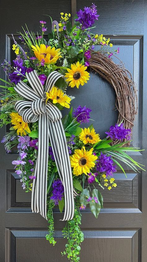 Summer Sunflower Wreath, Summer Door Wreath, Purple Summer Wreath, Monogram Wreath, Monogram Sunflower Gift, Sassy Doors Wreath Summer Sunflower Wreath, Summer Wreaths For Front Door Summertime, Summer Wreaths For Front Door, Summer Wreaths, Sunflower Wreath, Monogram Door Wreath, Bunny Wreath Diy, Mesh Ribbon Wreaths, Floral Door Wreaths