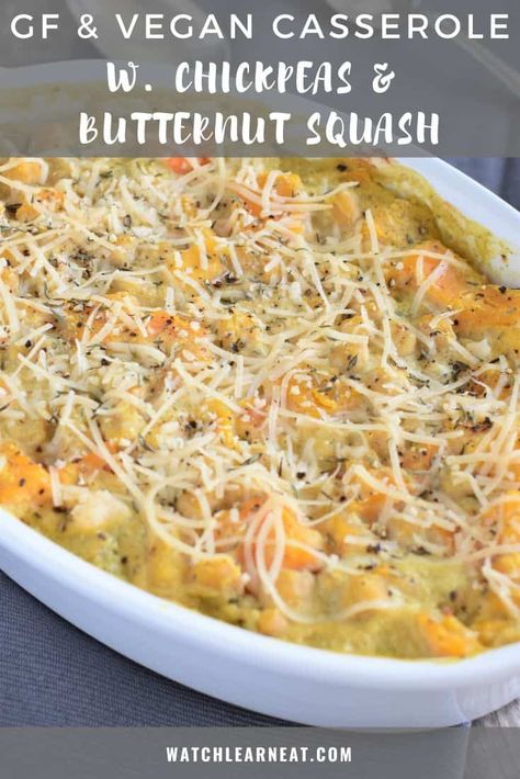 This creamy Vegan Casserole with Chickpeas and Butternut Squash is perfect for serving as a hearty side or starring as a meatless main! Although this chickpea-butternut squash casserole is infused with the signature fall flavors of sage and thyme, you will want to eat this dish all year long! Perfect for the holidays too! #thanksgiving #holidayrecipes #christmasrecipes #veganrecipes #glutenfreerecipes #dairyfreerecipes #chickpeas #glutenfreedairyfreerecipes #glutenfreeveganrecipes Vegan Butternut Squash Crockpot Recipes, Vegan Butternut Squash Recipes Main Dishes, Chickpea Casserole Vegan, Vegan Butternut Squash Casserole, Alkaline Butternut Squash Recipes, Vegan Winter Squash Recipes, Vegan Butternut Squash Casserole Recipes, Vegan Half And Half, Vegan Squash Casserole