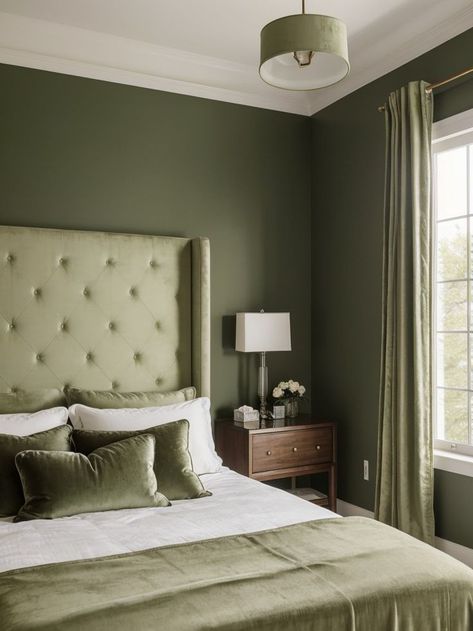 Olive Bedroom Color Scheme, Overtly Olive Bedroom, Minimalist Wooden Bed, Olive Green Accent Wall, Room Ideas Bedroom Cozy, Green Bedroom Inspirations, Olive Green Rooms, Olive Green Bedroom, Light Green Bedrooms