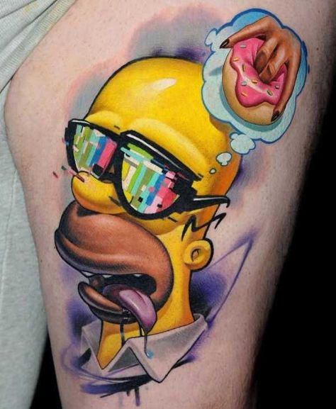 35 Mind-Blowing Tattoos The Simpsons Tattoo Ideas, New School Tattoo Cartoon, Tattoo Cartoon Style, Robot Tattoos, Big Tattoo Designs, New School Tattoo Designs, Tattoo New School, Donut Tattoo, Cartoons Tattoo