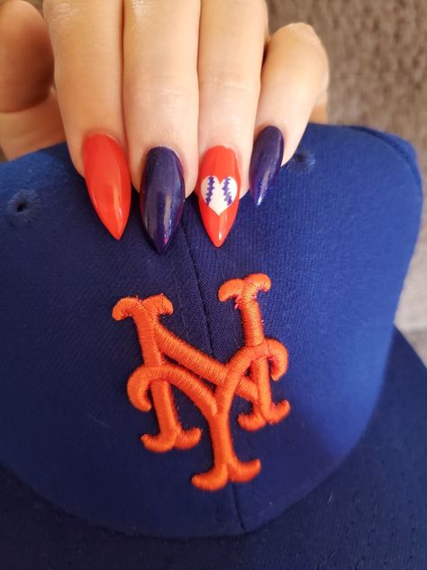 Ny Mets Nails, Mets Nails, Baseball Nail Designs, Starfish Nails, Ny Mets Baseball, Baseball Nails, Nails Orange, Nails And Spa, Mets Baseball