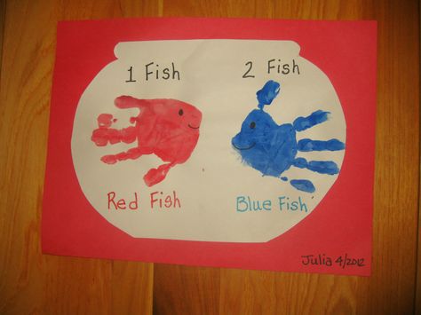 Pre-School Art - Handprint Fish in Bowl - One Fish, Two Fish, Red Fish, Blue Fish Fish Art For Infants, 1 Fish 2 Fish Red Fish Blue Fish Craft, One Fish Two Fish Craft, One Fish Two Fish Red Fish Blue Fish Craft, Dr Seuss One Fish Two Fish Craft, Fish In Bowl, One Fish Two Fish Red Fish Blue Fish Art, Handprint Fish, Fish Craft