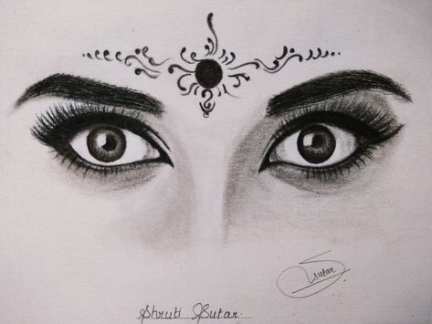 Goddess Eyes Drawing, Goddess Sketch Pencil, Traditional Pencil Sketches Indian, Charcoal Eyes Sketch, Indian Goddess Sketch, Indian Eyes Drawing, Krishna Eyes Sketch, Parvathi Drawing, Eyes Sketch Pencil