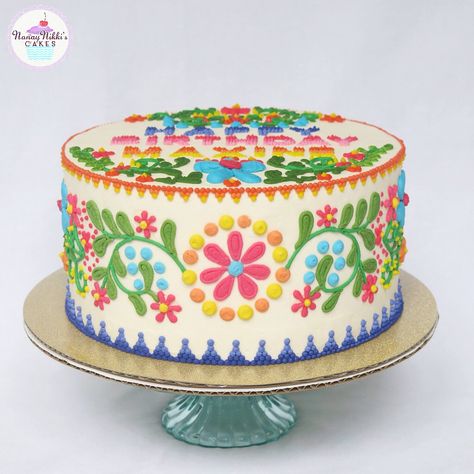 Mexican embroidery inspired cake for a fiesta-themed party (swipe for more pictures of the cake) #mexicancake #mexicanembroidery #mexicanembroiderycake #mexicanfiesta #mexicanfiestacake #embroiderycake #birthdaycake #quinceañeracake #grandrapids #grandrapidsmi Mexican Fiesta Cake, Mexican Cake, Mexican Birthday Parties, Fiesta Cake, Cake Style, Quinceanera Cakes, Mexican Birthday, Fiesta Theme Party, Mexican Embroidery