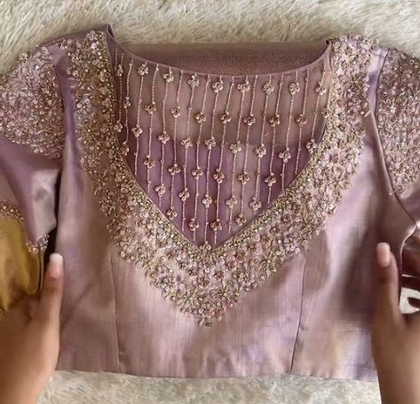 Latest 50 New Design Saree Blouse Back Patterns To Try in 2023 Pastel Silk Saree Blouse Designs, Pastel Pink Blouse Design, Lavender Blouse Design, Latest Aari Work Blouse Designs, Net Embroidery Blouse, Embroidery On Bags, Latest Aari Work, New Design Saree, Embroidery For Kids