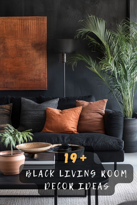 ✨ Ready To Make A Bold Statement? These 19 Stunning Black Living Room Ideas Will Transform Your Space Into A Sophisticated Haven! Click To Discover How To Use Black Like A Professional Interior Designer 🖤 #BlackDecor #InteriorDesign #LivingRoomDecor #ModernHome #BlackInterior #HomeDesign #DecorIdeas Living Room Rug With Black Wall, How To Decorate Black Leather Couch, Boho Living Room With Black Sofa, Black Wallpaper Living Room Inspiration, Styling A Black Leather Couch, Style A Black Couch, How To Style A Black Couch, Living Room Black Couch Decor, Living Room Design Black Couch