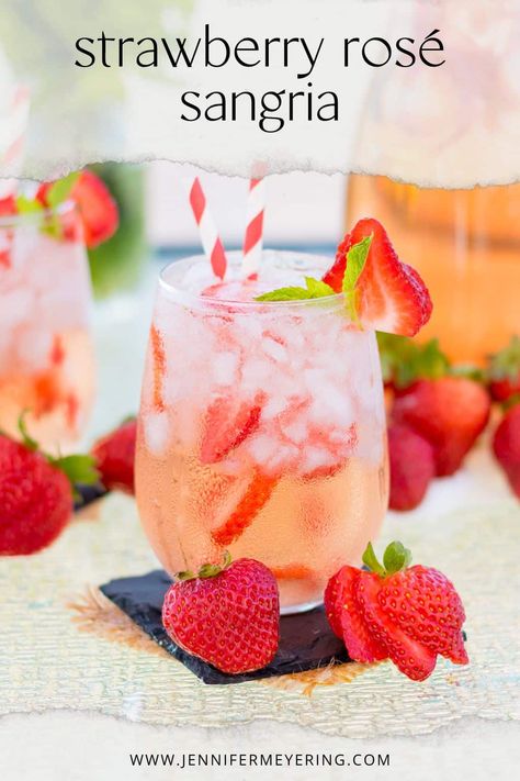 Strawberry Rosé Sangria - Jennifer Meyering Strawberry Rose Sangria, Rosé Sangria, Rose Sangria, Strawberry Vodka, Rosé Wine, Strawberry Roses, Dark Beer, Lemon Lime Soda, Sangria Recipes