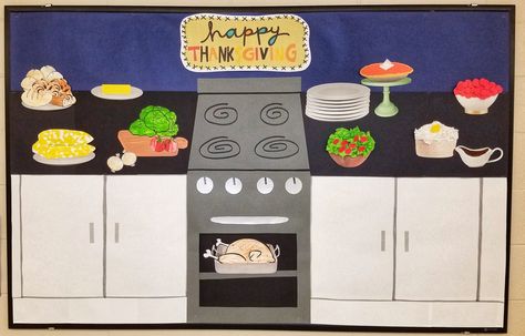 This fun Thanksgiving bulletin board is so easy to make!  The students colored or pieced together the various food elements. Snoopy Thanksgiving Bulletin Board, Fall Cafeteria Bulletin Board Ideas, Thanksgiving Ra Board, Thanksgiving Cafeteria Bulletin Boards, Minion Thanksgiving Bulletin Board, School Cafeteria Decorations, Cafeteria Decorations, Food Bulletin Boards, Food Elements