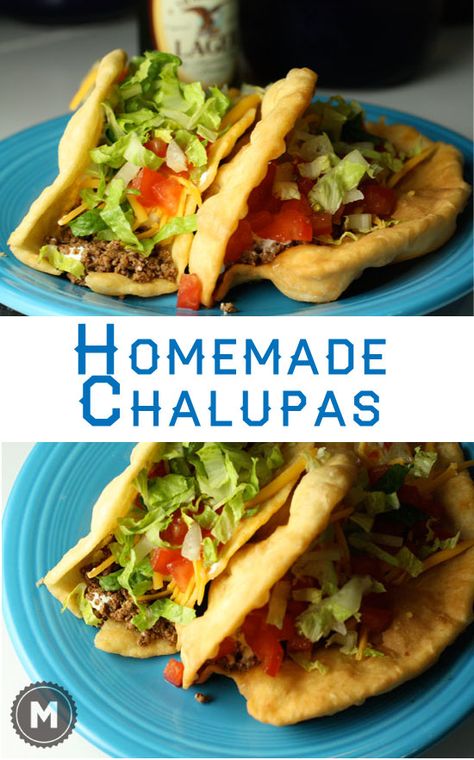 How to make your own chalupas with shells that are crispy on the outside and doughy on the inside. These shells hold up to a lot of filling. Homemade Chalupa, Chalupa Shells, Mexikansk Mat, Taco Bell, Quesadillas, Mexican Dishes, Tex Mex, Dinner Recipe, Empanadas