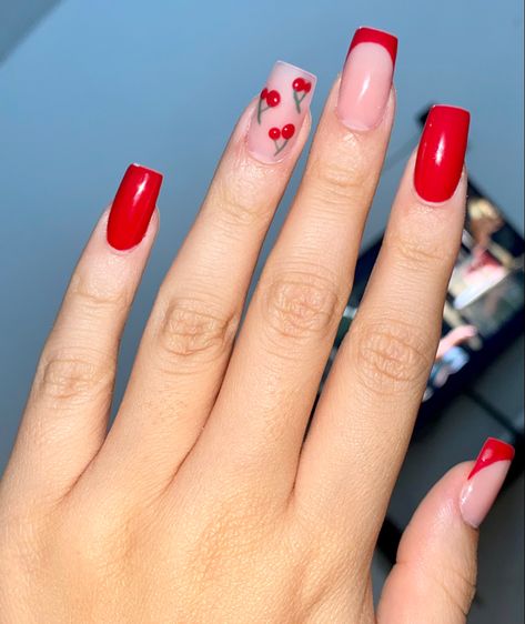 nails Cherry Dip Nails, Cherry Acrylic Nails Square, Red Nails Short Square Design, Red Spring Nails Short, Red Cherry Nails Acrylic, Cherry Square Nails, Red Nails With Cherries, Square Cherry Nails, Red Nail Inspo Short