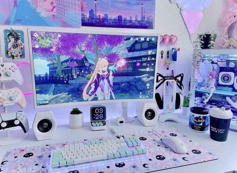 Anime Pc Setup, Aesthetic Desk Makeover, Desk Makeover Ideas, Aesthetic Room Makeover, Gamer Ideas, Room Makeover Ideas, Gaming Bedroom, Gaming Desk Setup, Best Gaming Setup