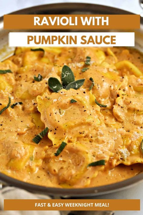 Ravioli with Pumpkin Sauce is the perfect fall comfort food that combines tender pasta pillows filled with cheese (spinach or meat) with a rich and creamy pumpkin sauce. This fast and easy meal is ready in about 20 minutes, perfect for those short autumn nights when you just want to curl up in a fuzzy blanket. Ravioli With Pumpkin Sauce, Pumpkin Sage Tortellini, Dinner With Ravioli, Canned Pumpkin Pasta Sauce, Pumpkin Stuffed With Everything Good, Sauce For Italian Sausage Ravioli, Pumpkin Ravioli Sauce Easy, Best Sauce For Pumpkin Ravioli, Sauce For Pumpkin Raviolis