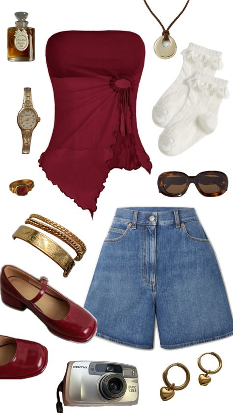 red and blue outfit inspo. jean short outfit, ballet flat outfit, summer sunglasses Ballet Flat Outfit, Red Ballet Flats Outfit, Red And Blue Outfit, Ballet Flats Outfit, Red Ballet Flats, Jean Short Outfits, Nyc Summer, Flats Outfit, Jean Short