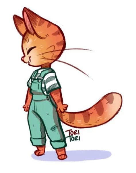 Cartoon Cat Drawing Character Design, Cat Wearing Clothes Drawing, Overall Illustration, Overalls Oc Drawing, Animals In Clothes Drawings, Cat Character Drawing, Cartoon Cat Character, Cute Cat Character Design, How To Draw A Cartoon Cat