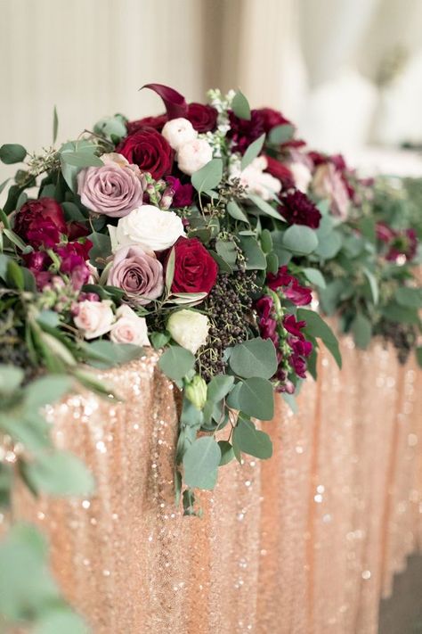 Blush and Crimson Arizona Wedding with Pops of Navy Blue | The Perfect Palette Burgundy And Pink Wedding Decorations, Crimson Wedding, Burgundy Wedding Theme, Burgundy And Blush Wedding, Wedding Wall Decorations, Bridal Table, Fall Wedding Colors, Wine Wedding, Arizona Wedding