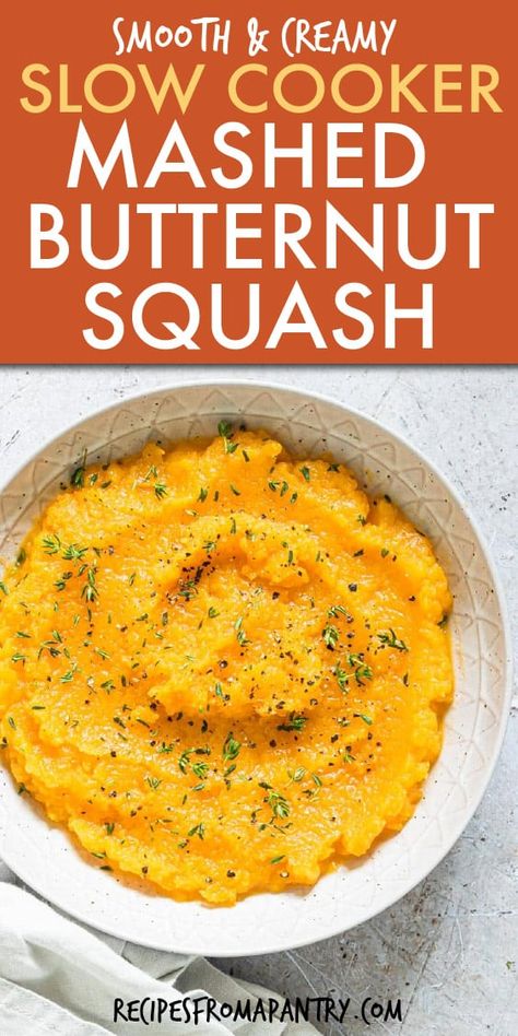 Easy Crockpot Mashed Butternut Squash is a family-friendly, colorful, and vibrant side dish that will perfectly complement all your meals! Gluten free and vegan butternut squash mash is just the thing for your holiday table or for simple weeknight dinners. Plus it's great for meal prep too. Click through to get this awesome recipe!! #slowcookerrecipes #crockpot #slowcooker #mashedbutternutsquash #glutenfreerecipes #veganrecipes #butternutsquash #holidayrecipes #wwrecipes #whole30 #paleo Crockpot Butternut Squash Recipes, Butternut Squash Recipes Crockpot, Crockpot Squash Recipes, Squash Crockpot Recipes, Butternut Squash In Crockpot, Butternut Squash Crockpot Recipes, Squash In Crockpot, Crockpot Squash, Butternut Squash Crockpot