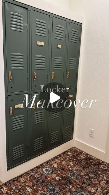 Brittani Boren • YOUTUBE MAMA on Instagram: "I had always thought it would be fun for each of our kids to have their own lockers in our house for things like shoes, backpacks, etc, so when I found these vintage  lockers at a local antique shop I took them home to re-finish them!  I don’t have video from the entire process, but basically I cleaned them really well, sanded them down, used a metal primer, painted them (pewter green- Sherwin Williams), had trim built around them in the new house, and used rough n buff (gold leaf) on the handles! I found the name magnets on Etsy!" Metal Locker Mudroom Ideas, Bedroom With Lockers, Diy Built In Lockers, Painting Lockers Diy, Lockers In Garage, Closet Locker Ideas, Locker Ideas For Home, Painting Lockers, Old Lockers Repurposed