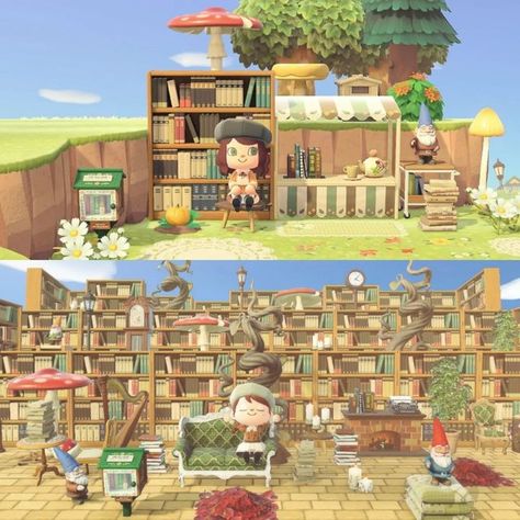 Kindred Horizons on Instagram: "✨ Glow Up by Sophie ✨ 'I remember creating this little library in 2020 so clearly. It was one of my first 'builds'. I'd finally worked out what custom designs were and I had just found the tiny library and mush parasol recipes in the same week. All I wanted was to make a little Parisan bookshop. Little did know, this build would go on to inspire a whole bookcore island. For my Glow Up, I really wanted to create a library that had started to become a little encha Animal Crossing Library, Acnh Strawberry, Book Core, Tiny Library, Bookstore Design, Cozy Library, Acnh Inspo, Easy Build, Little Library