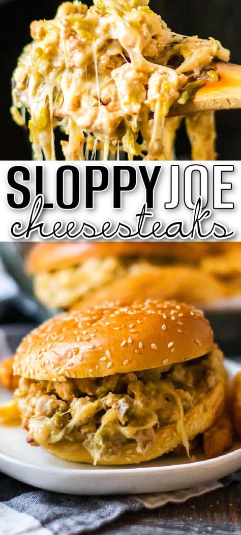 BEST CHEESESTEAK SLOPPY JOES White Sloppy Joes Recipes, Cheesesteak Sloppy Joes, Crock Pot Sloppy Joes, Chicken Sloppy Joes, Veggie Stir Fry Recipes, Chicken Cheesesteak, Chicken Broth Recipes, Joe Recipe, Meat Recipes For Dinner