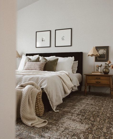 Collected Look Bedroom, Dark Frame Bedroom Ideas, Modern Earthy Bedroom Rustic, Simple Gray Room Ideas Bedroom, Dark Bed Frame With Light Furniture, Cozy Bedroom Wood Bed, Dark Wood Neutral Bedroom, Dark Bed Frame Light Nightstand, Mixing Light And Dark Wood Furniture Master Bedrooms