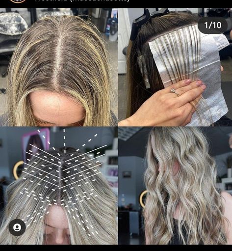 Partial Foil Vs Balayage, Highlight Foiling Techniques, Partial Highlights Sectioning, Foil Placement Techniques Pattern, Foil Patterns Hair Highlights, Foilayage Placement, Foils Vs Balayage, Highlight Patterns, Foiling Hair