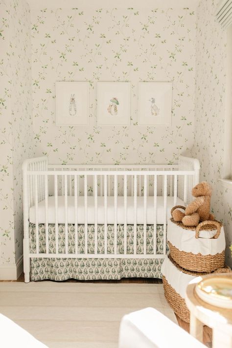 Green floral wallpaper baby girl nursery decor inspo  inspiration. Nursery interior design Green Feminine Nursery, Kids Floral Wallpaper, Light Green Floral Wallpaper, Girly Nursery Ideas Green, Green Toile Nursery, Vintage Wallpaper Nursery, Green Garden Nursery, Cottage Garden Nursery, Green Gingham Nursery