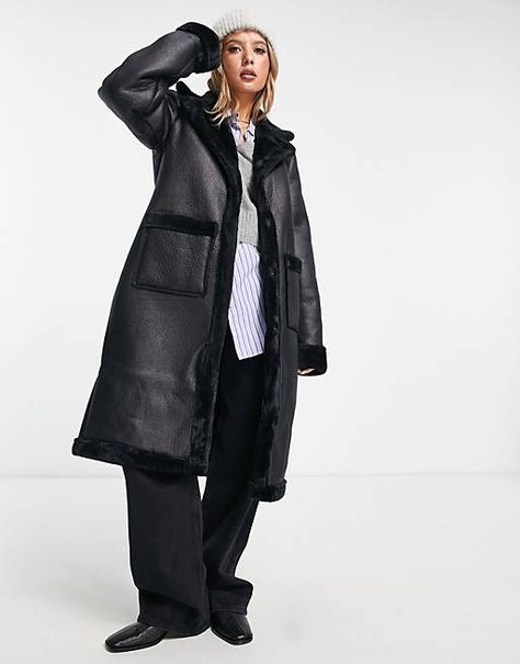 Vila longline faux shearling lined coat in black | ASOS Sherling Coat, Revere Collar, City Style, New Wardrobe, Casual Jacket, Long Coat, Black Coat, Long A Line, Festival Fashion