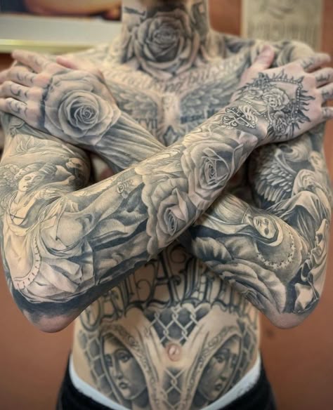 Sleeve Tattoos Full Arm, Full Torso Tattoo Men, Realism Tattoo Sleeve, Next Level Tattoo, Black And Grey Realism Tattoo, Inside Bicep Tattoo, X Tattoos, Gap Filler Tattoo, Arm Tattoos Black