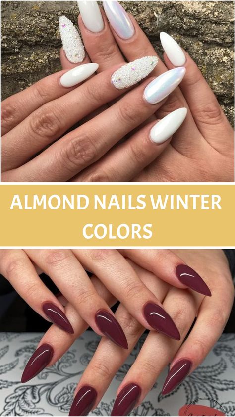 Almond Nails Winter Colors Elegant Winter Nails Almond, Almond Nails Designs Cute And Simple, Nails Almond January, Long Almond Winter Nails, 2024 Almond Nails, Almond Shaped Winter Nails, January Nails Almond Shape, Winter Almond Nails Designs, Almond Shape Winter Nails